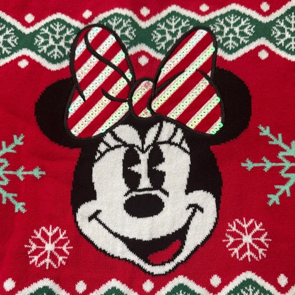 Disney Minnie Mouse Christmas Holiday Sweater XS Red Fair Isle Candy Cane Cotton